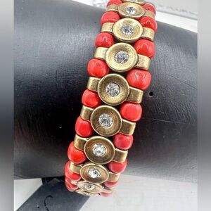 **RARE** J. Crew Red and Gold Tone Rhinestone Stretch Bracelet NWT